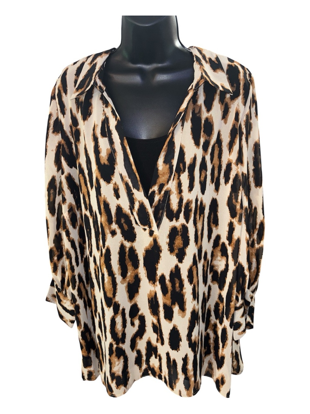 INVESTMENTS Animal Group Sheer Leopard Print Tunic Blouse with Tank Attached - Picture 3 of 7
